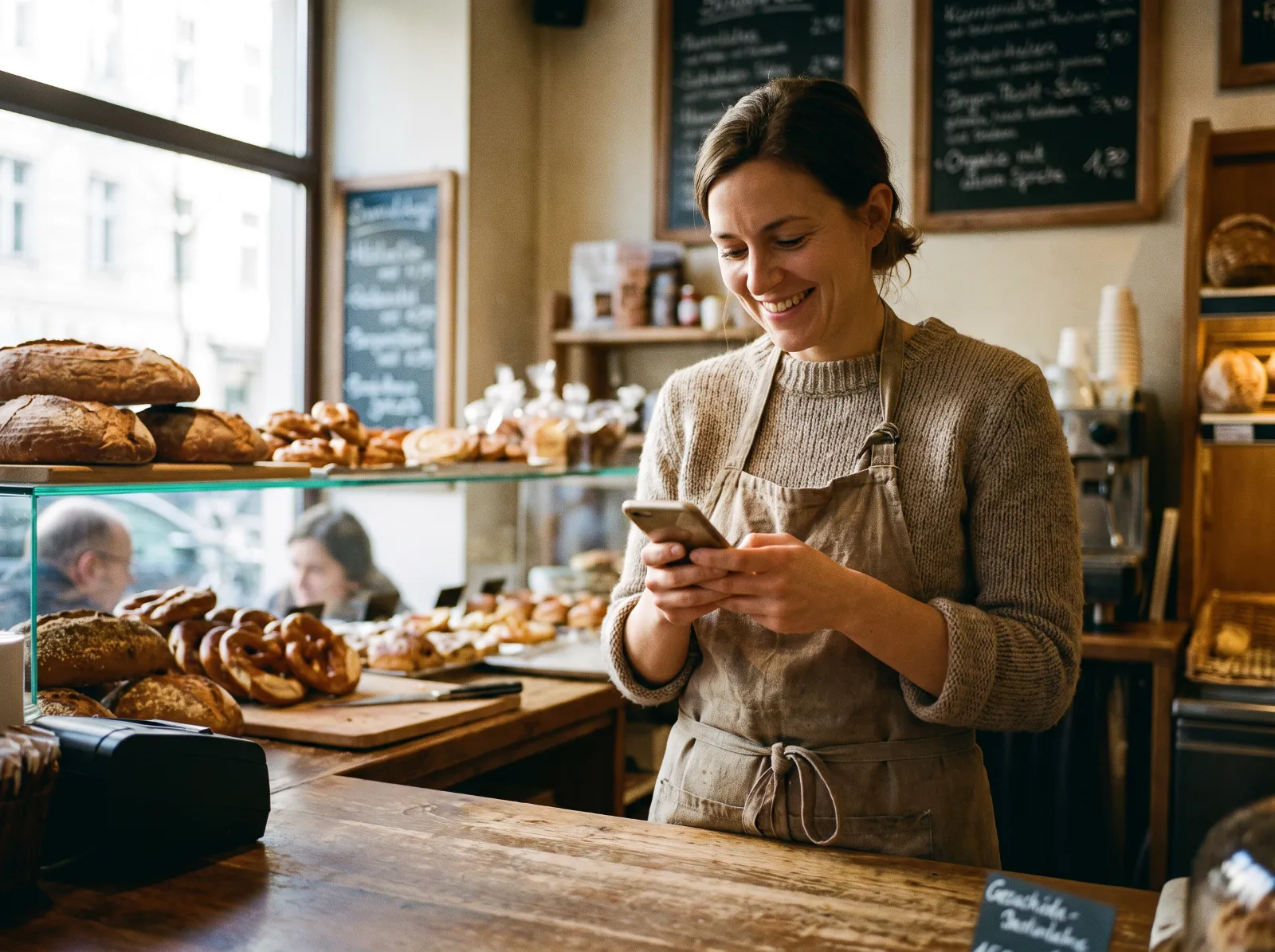 Inhaberin einer Bäckerei prüft ihren Firmeneintrag auf dem Smartphone