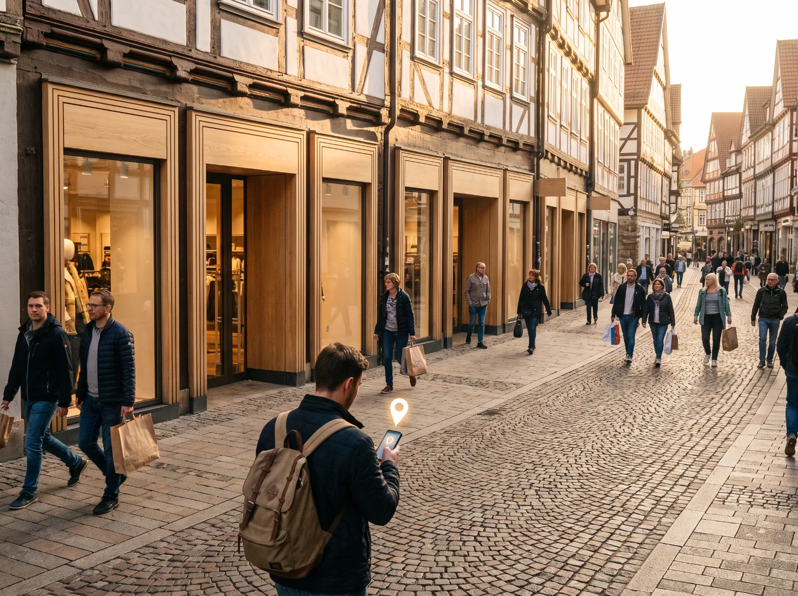 Einkaufsstraße mit Filialen, Passant sucht per Smartphone-Karte