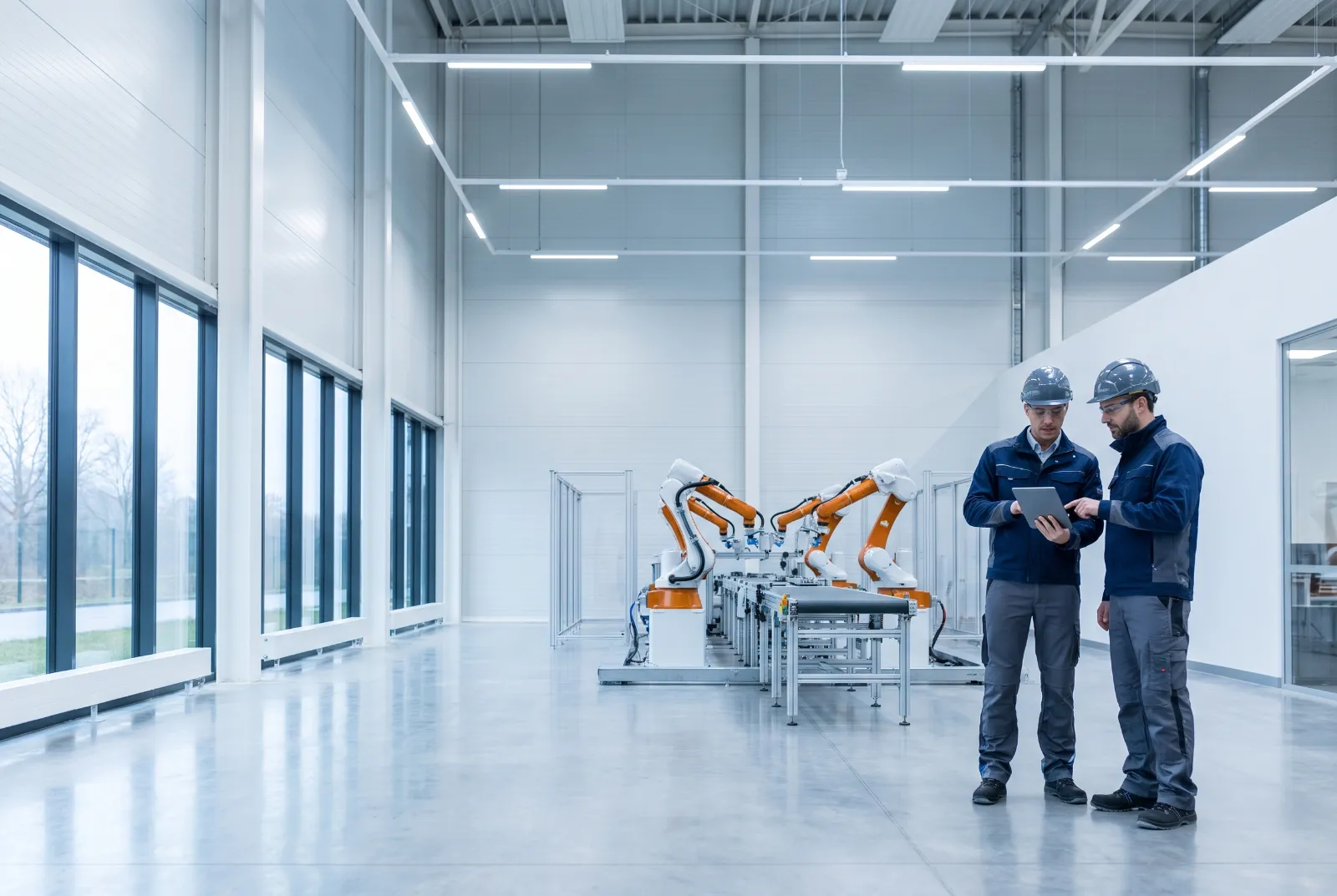 Zwei Ingenieure mit Tablet in einer modernen Produktionshalle mit Industrierobotern