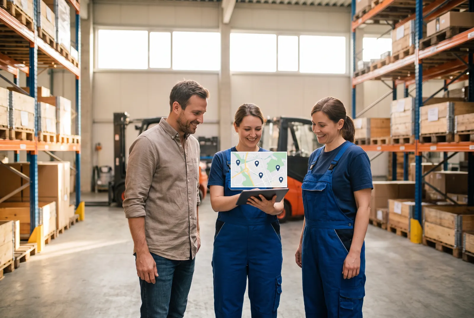 Geschäftsführer und Mitarbeitende in der Halle eines mittelständischen Unternehmens